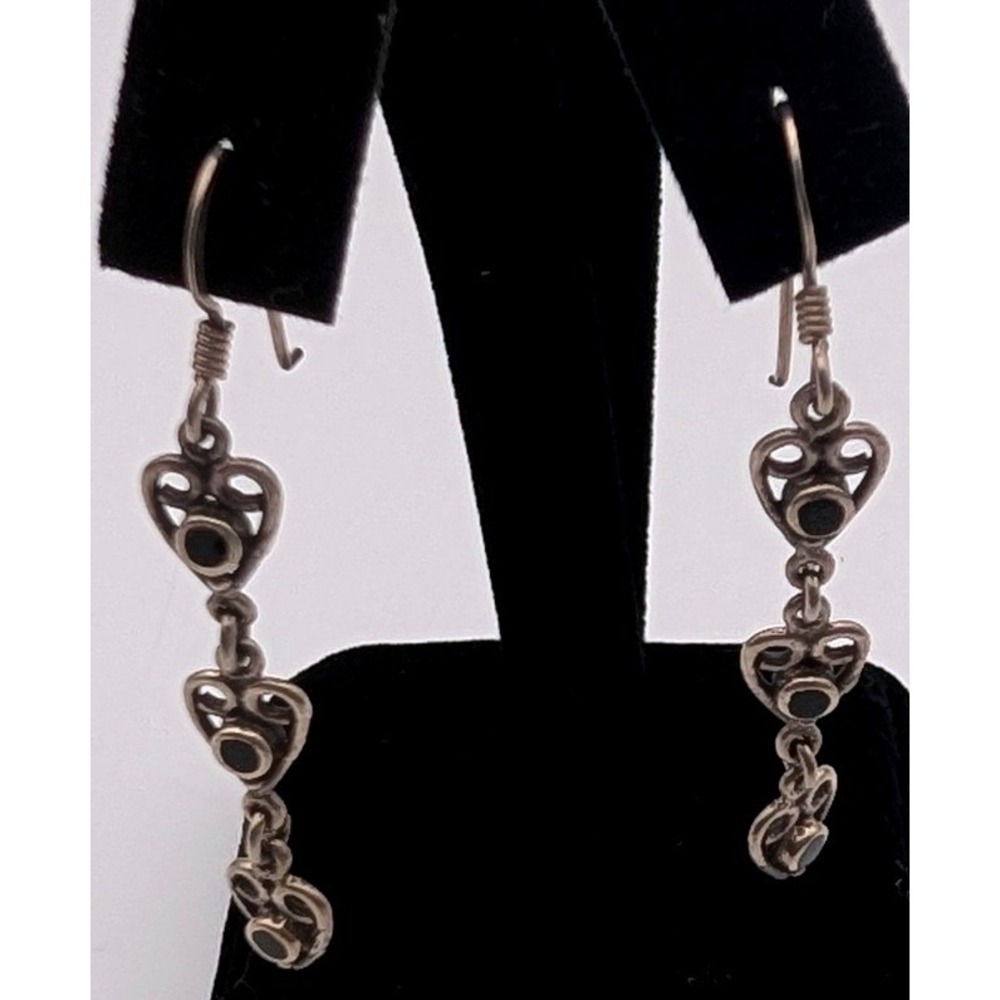 Vintage Sterling Silver Triple Heart Black Onyx Dangle Drop Earrings French Wire